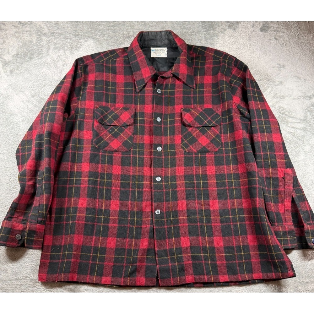 Vtg JC Penney Wool Shirt Jacket Mens XL Red Black Plaid Workwear USA